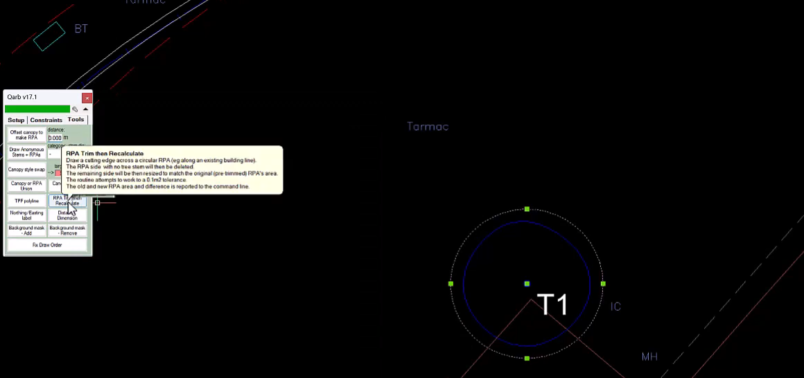 How to use the trim tool to trim the Root Protection Area (RPA) in BricsCAD and Qarb