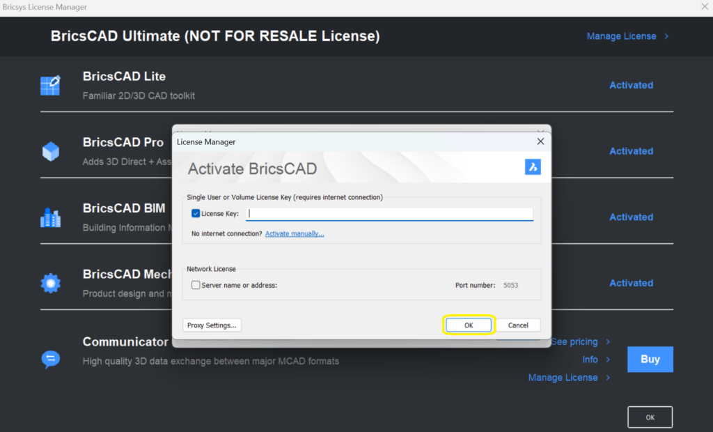 Activate BricsCAD license