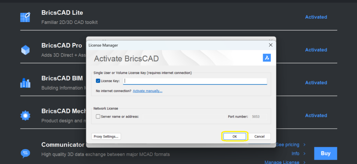 Activate BricsCAD license