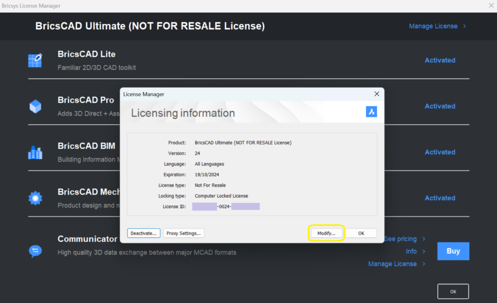 Modify BricsCAD license